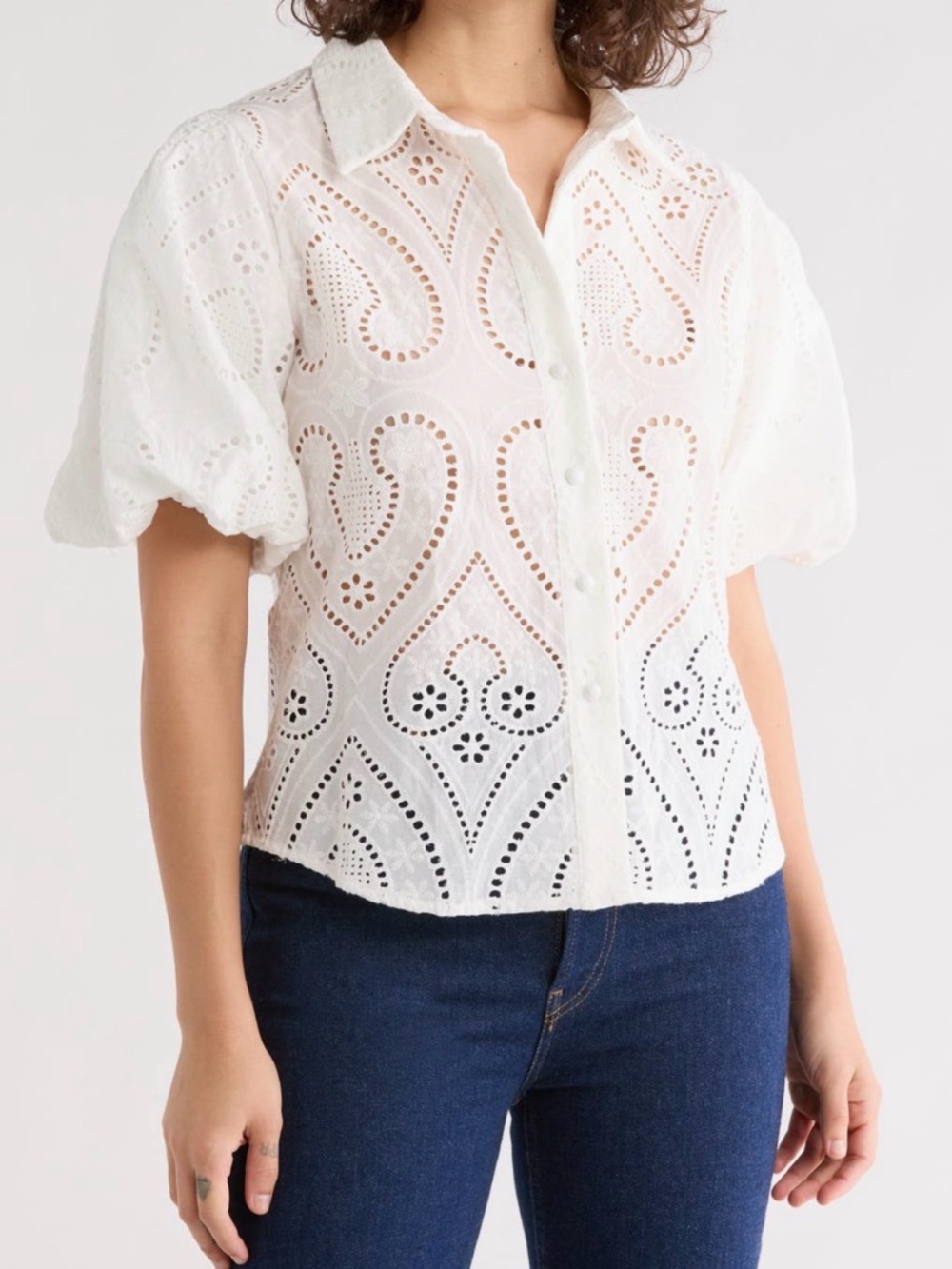 White Eyelet Button-Front Puff Sleeve Blouse